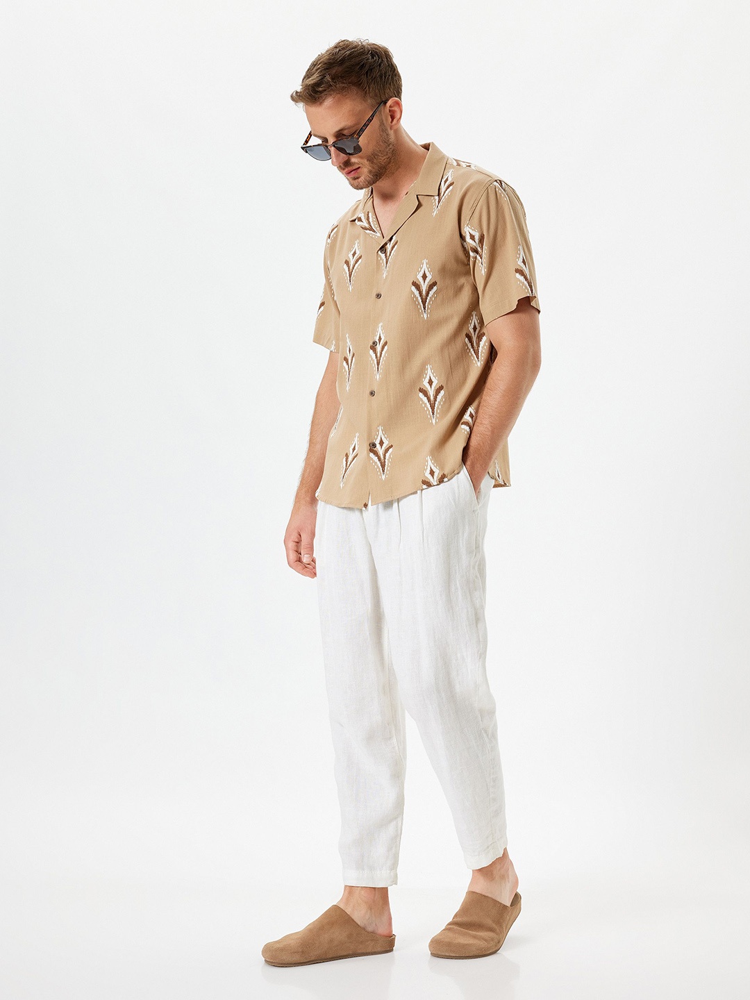 

Koton Men Cuban Collar Conversational Printed Cotton Casual Shirt, Khaki