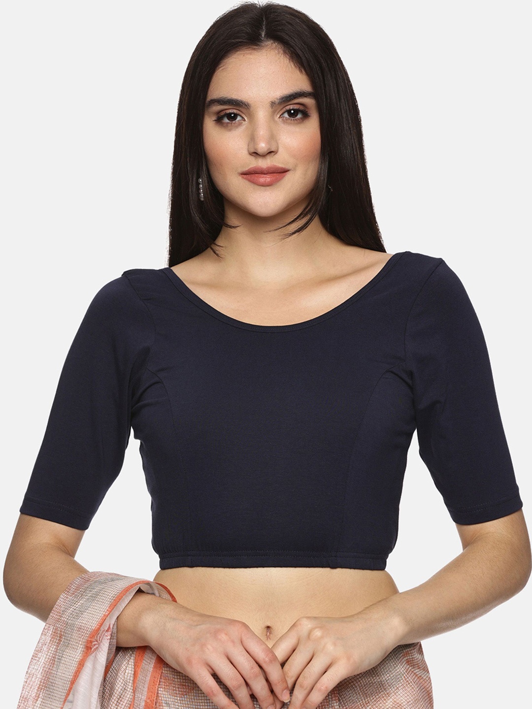 

NOT YET by us Plise Size Printed Non-Padded Stretchable Saree Blouse, Navy blue