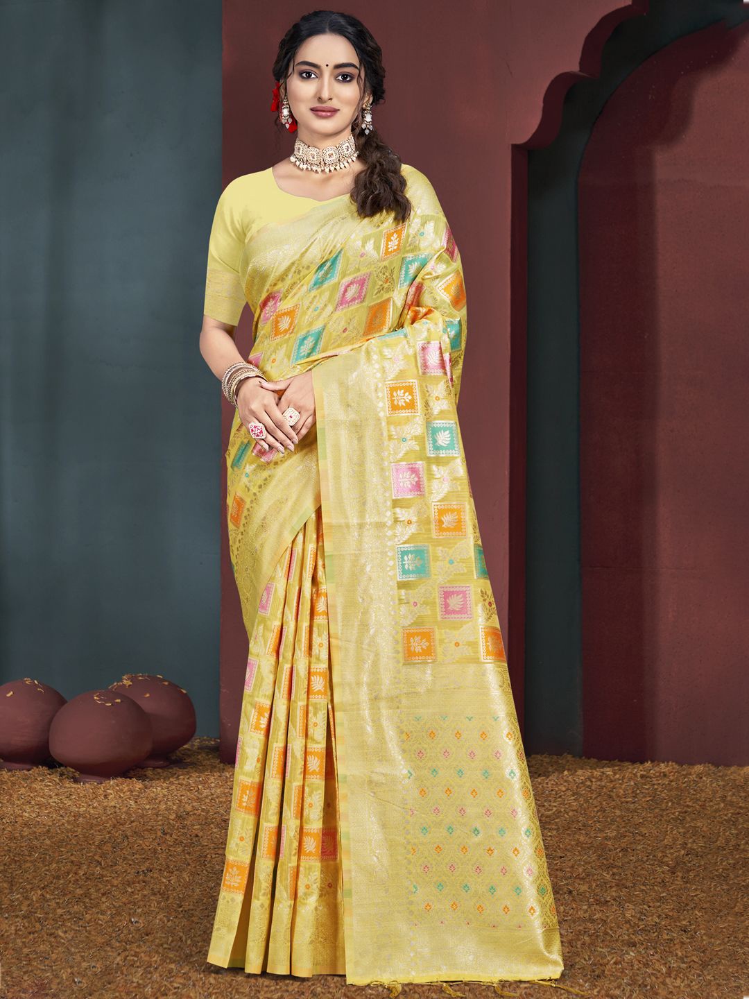 

SANGAM PRINTS Woven Design Zari Tussar Saree, Yellow