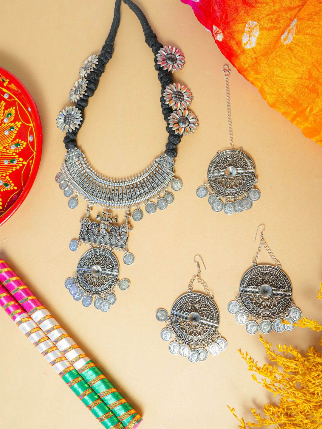 

VIRAASI Oxidised Jewellery Set With Dandiya Dupatta & Pooja Thali, Silver