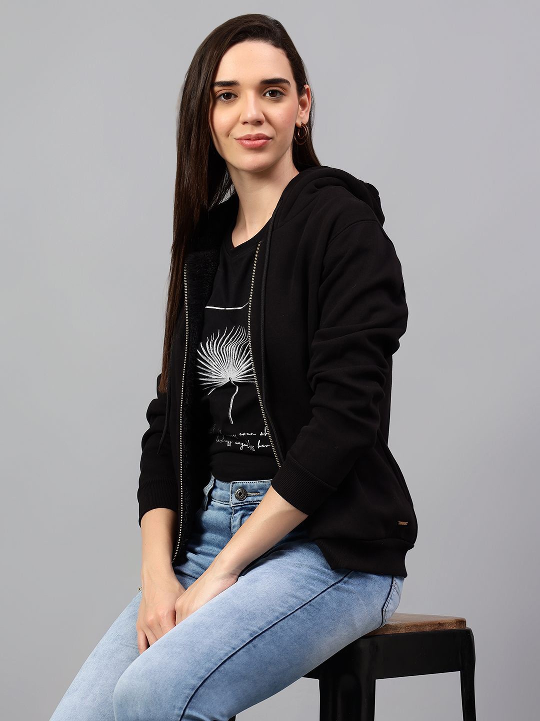 

Cantabil Women Solid Hood Fleece Front-Open Ribbed Sweatshirt, Black