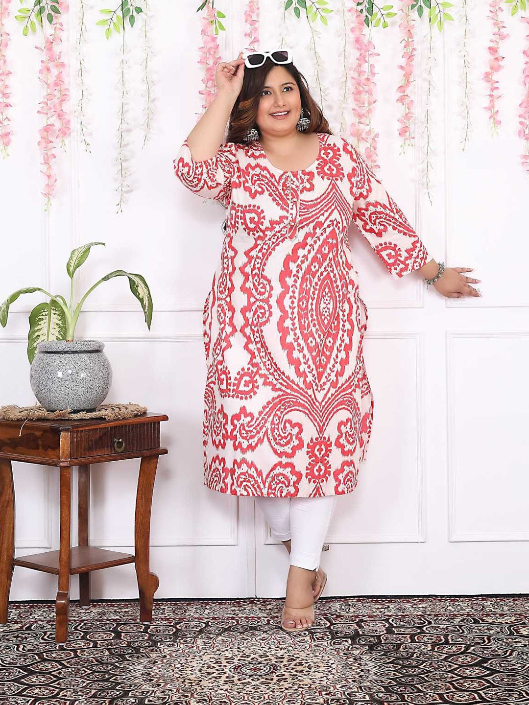 

FLAVIA CREATION Women Plus Size Printed Pure Cotton Straight Kurtas, Pink