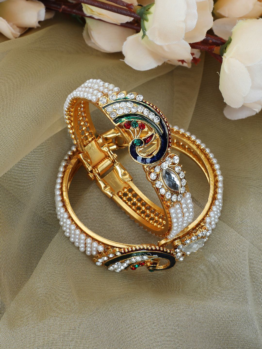 

ANIKAS CREATION Set of 2 Gold-Plated Pearl Beaded & Stone Studded Opeanable Kada Bracelets