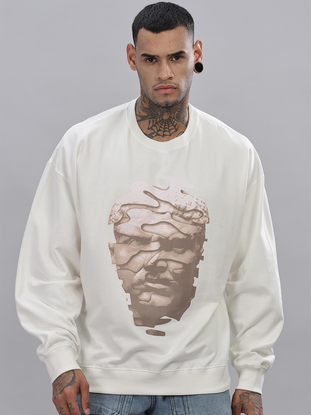 

TOMHIDDLE Men Graphic Printed Round Neck Cotton Pullover Sweatshirt, Cream