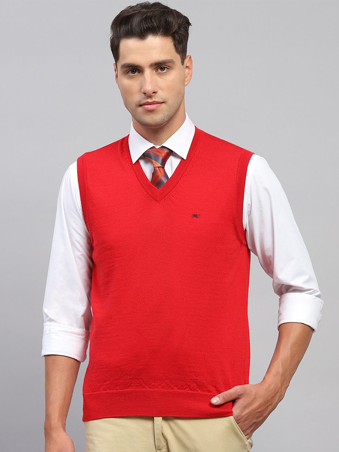 

Monte Carlo Men V Neck Sleeveless Woollen Sweater Vest, Red