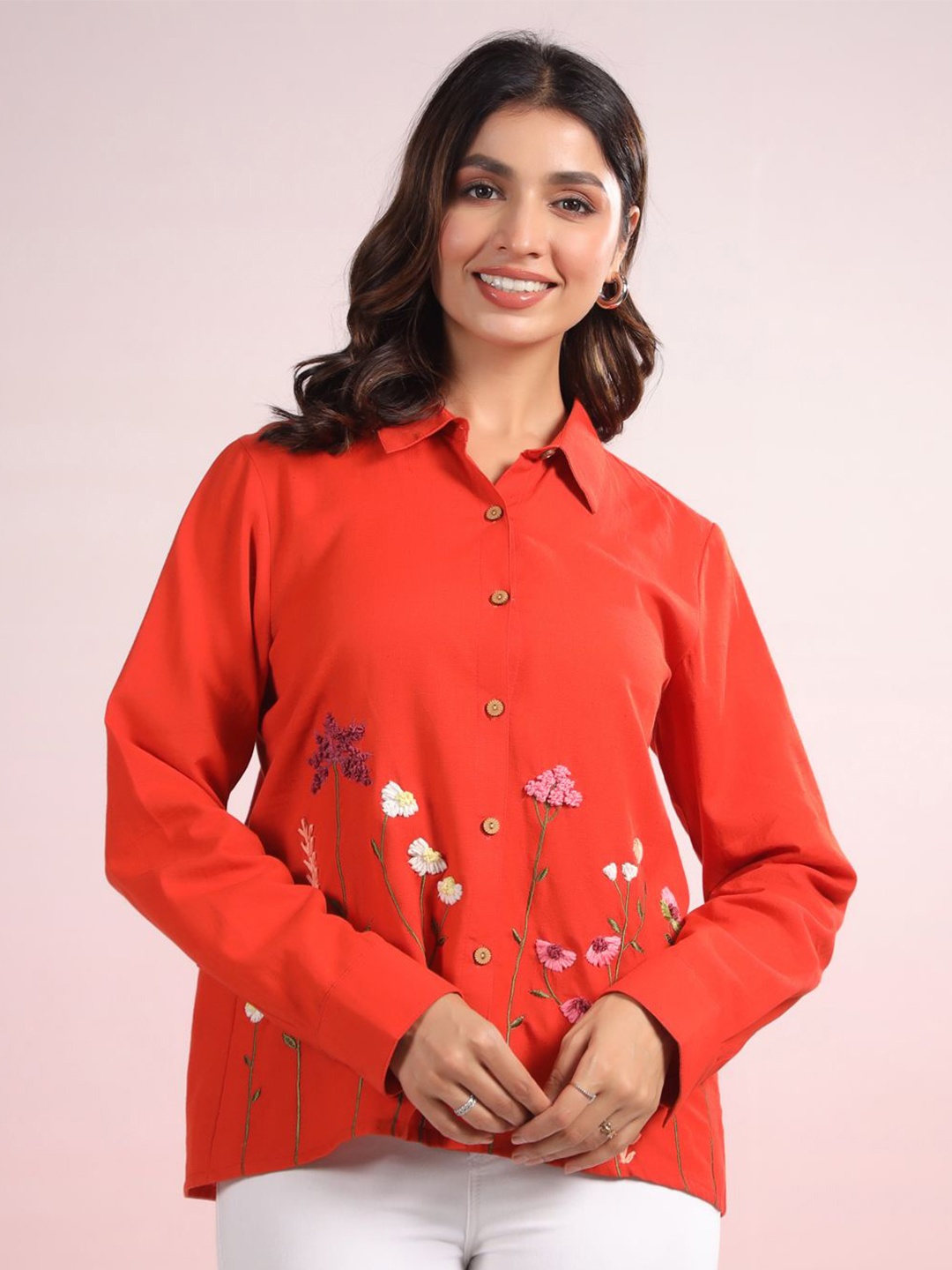 

LYFJ Women Comfort Spread Collar Floral Embroidered Cotton Loose Fit Casual Shirt, Orange