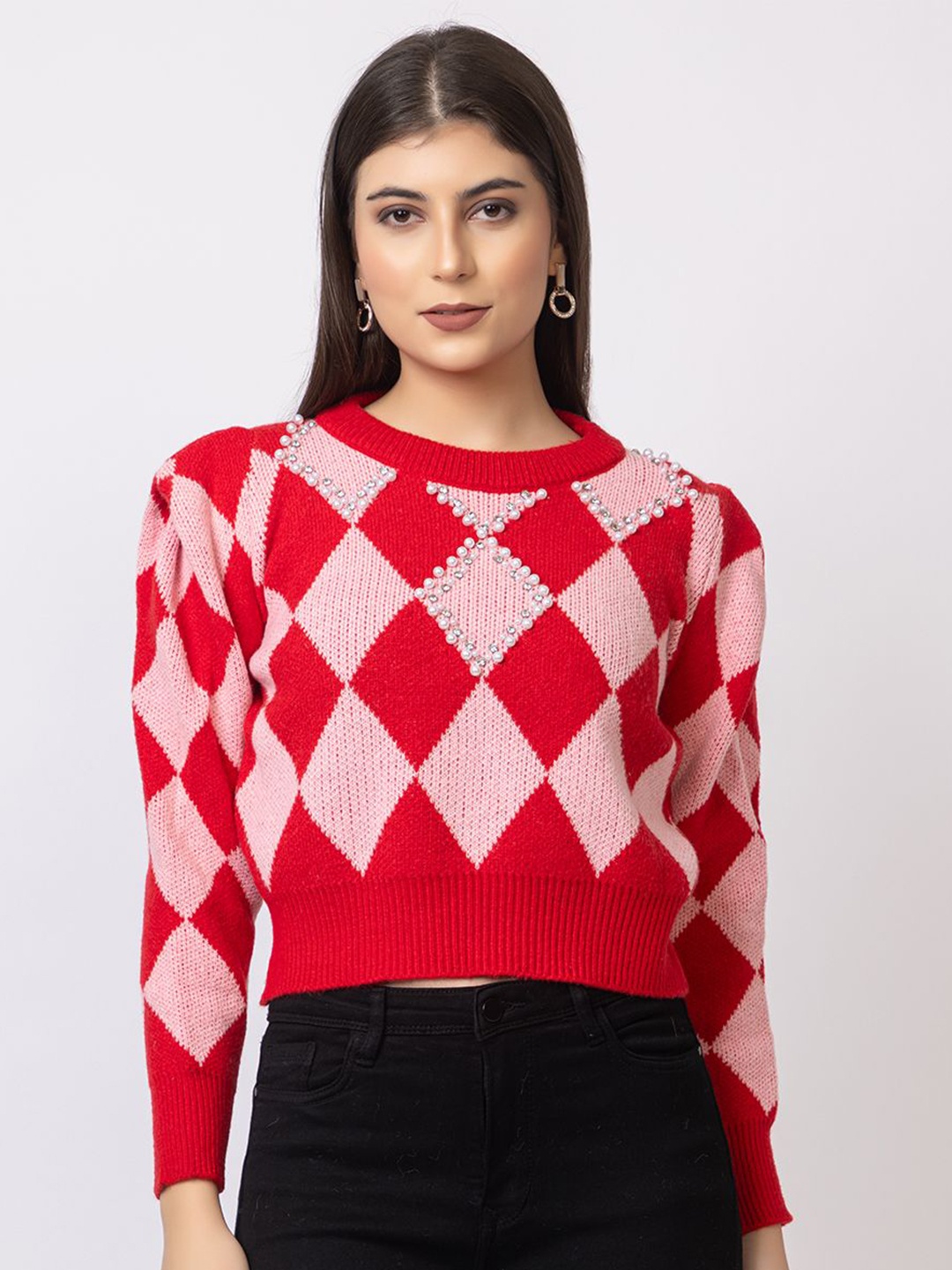 

GFO Women Geometric Printed Woollen Crop Sweaters, Red