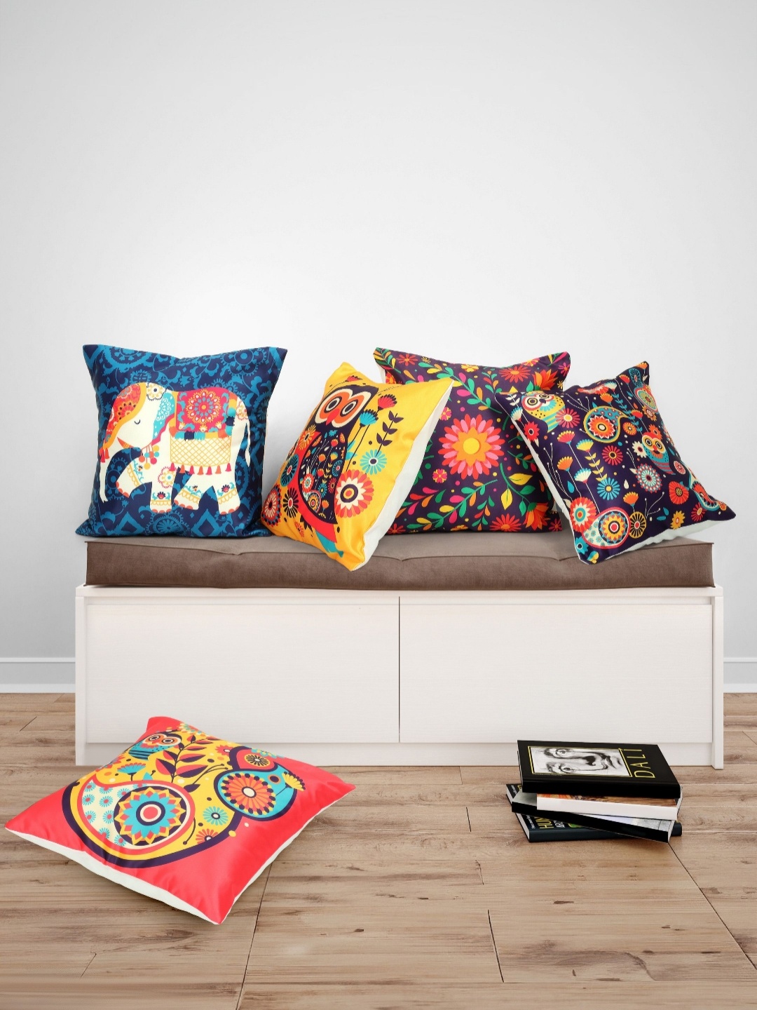 

Vendola Blue & Purple 5 Pieces Floral Satin Square Cushion Covers