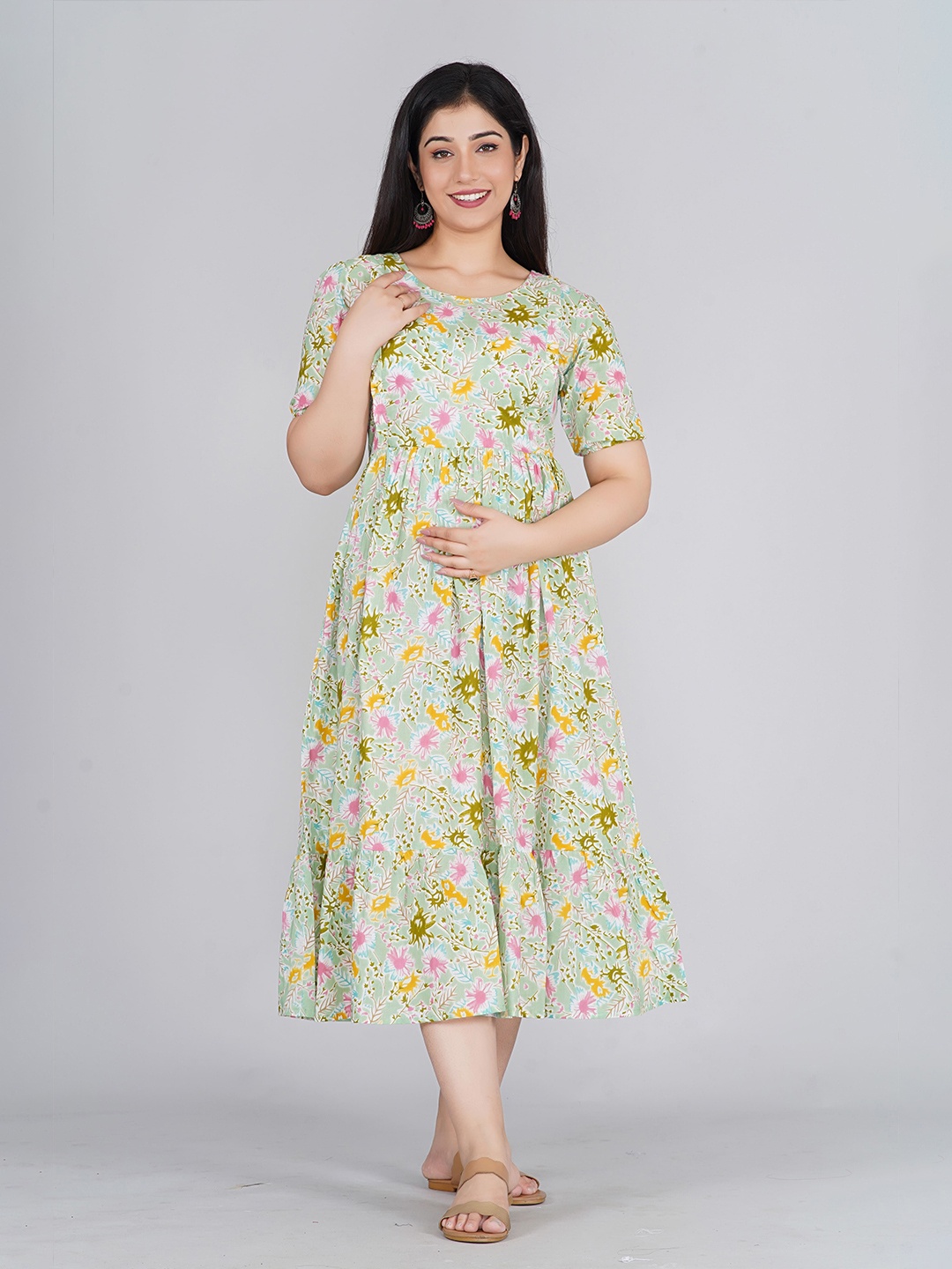 

Kaheksa Floral Printed Maternity Cotton Midi Dress, Green