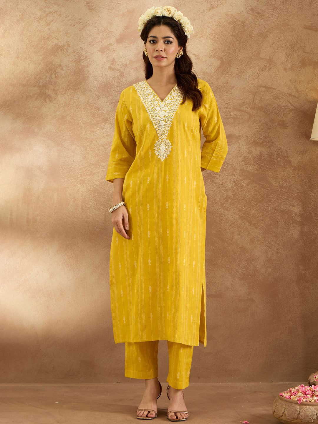 

Indo Era Women Embroidered Regular Thread Work Pure Cotton Kurta with Trousers, Mustard