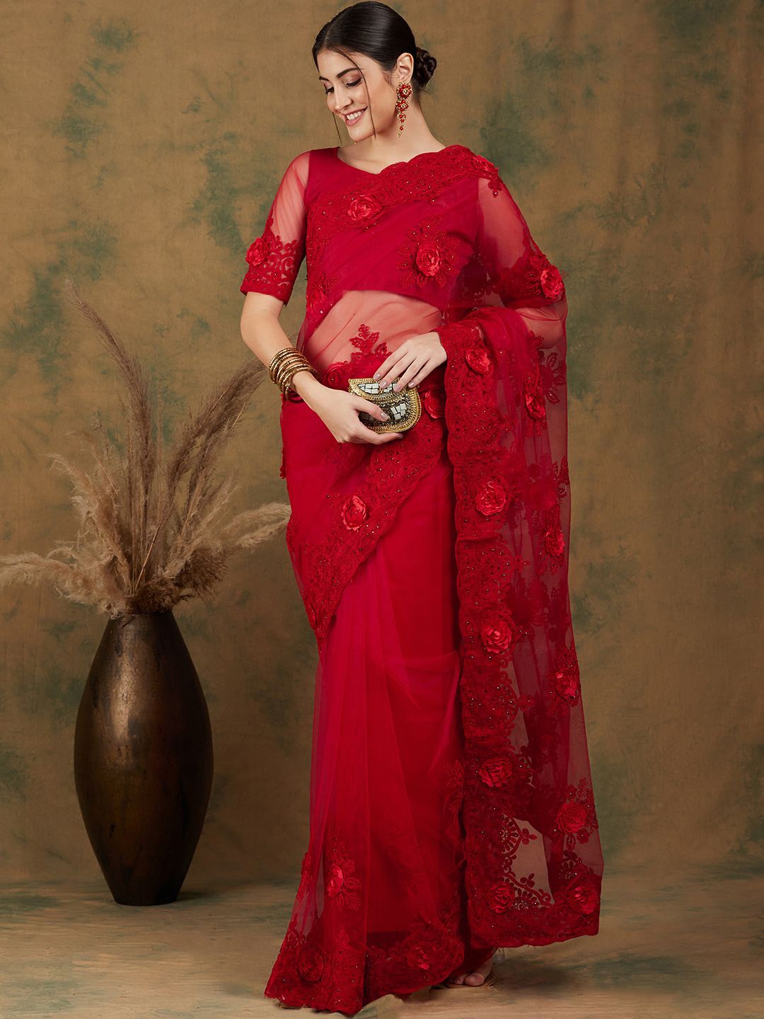 

Maroosh Embellished Beads and Stones Net Saree, Red