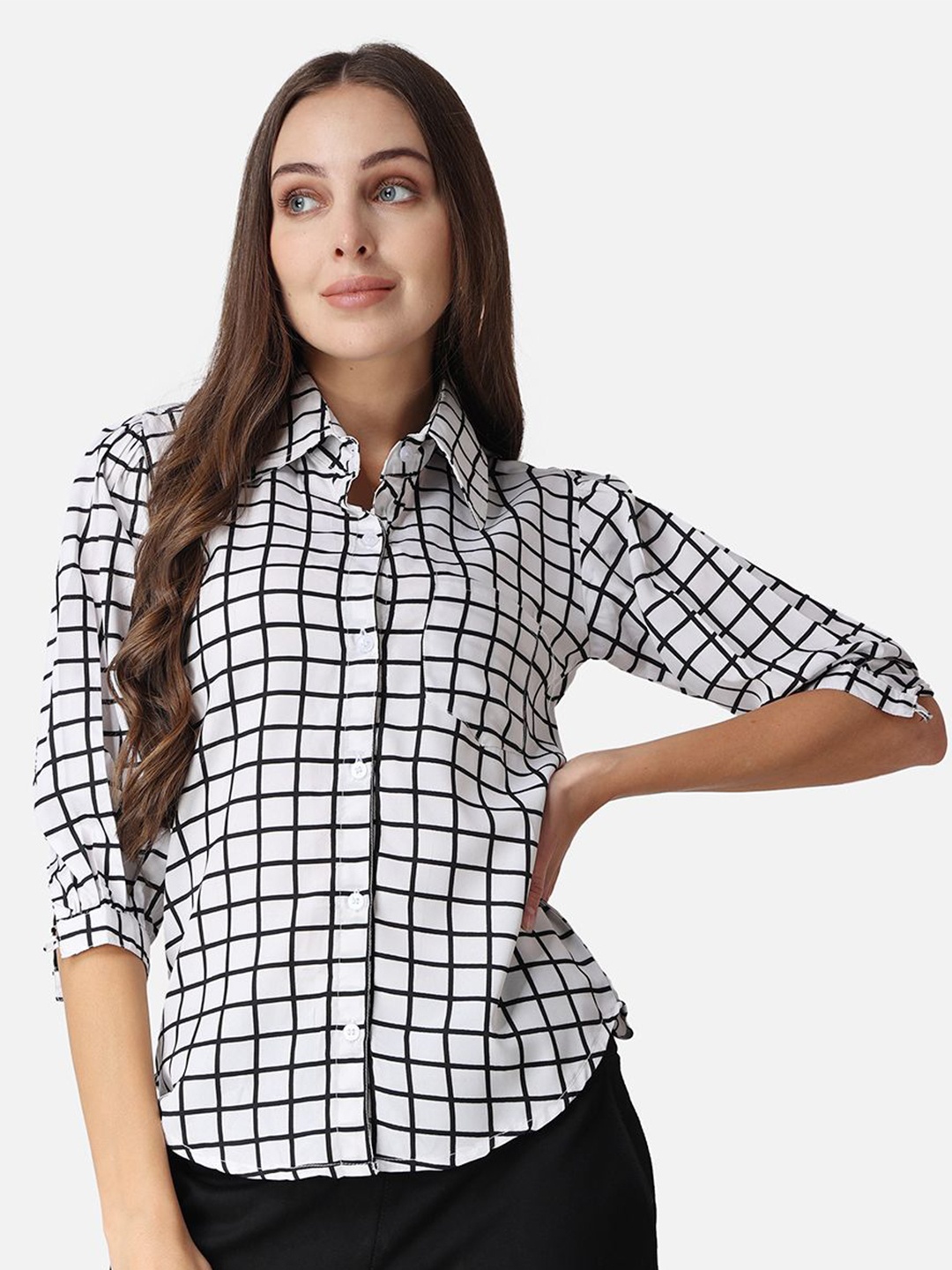 

MINOS Women Classic Spread Collar Checked Crepe Casual Shirt, White