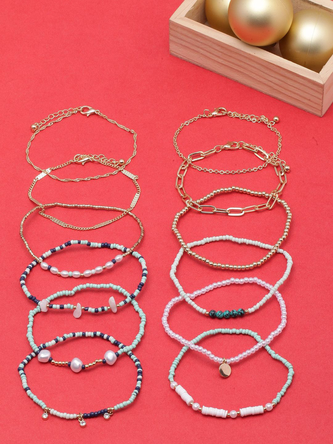 

KPOP Set Of 12 Gold-Plated Beaded Charm Bracelet