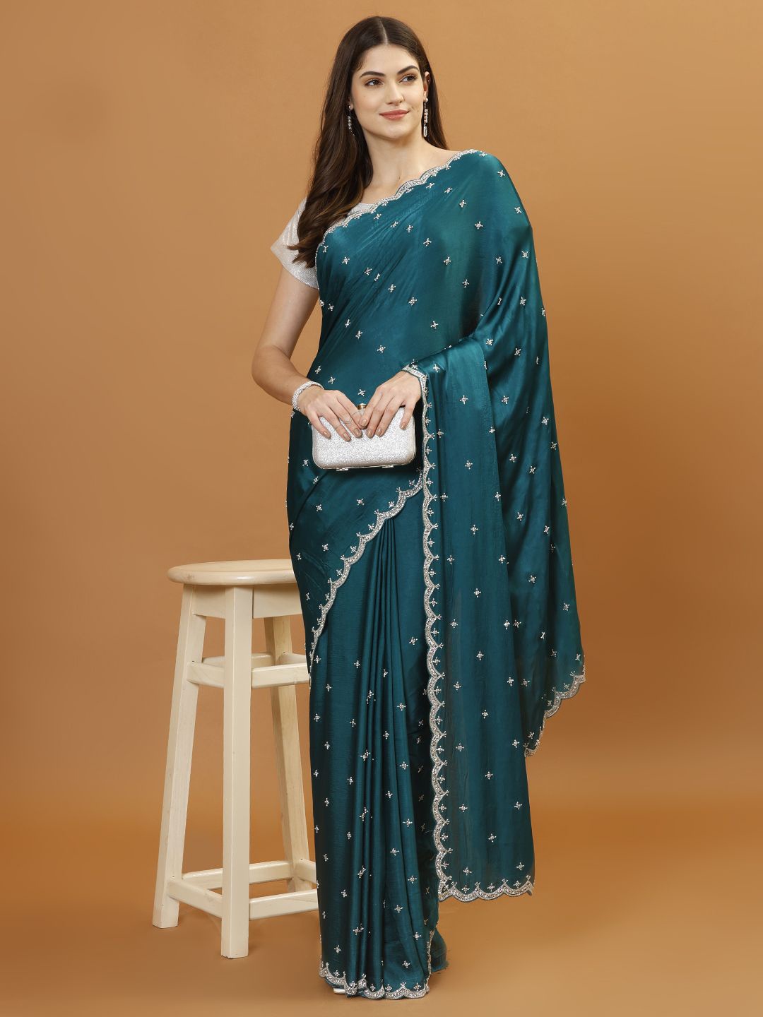 

Meena Bazaar Embellished Beads and Stones Heavy Work Saree, Teal