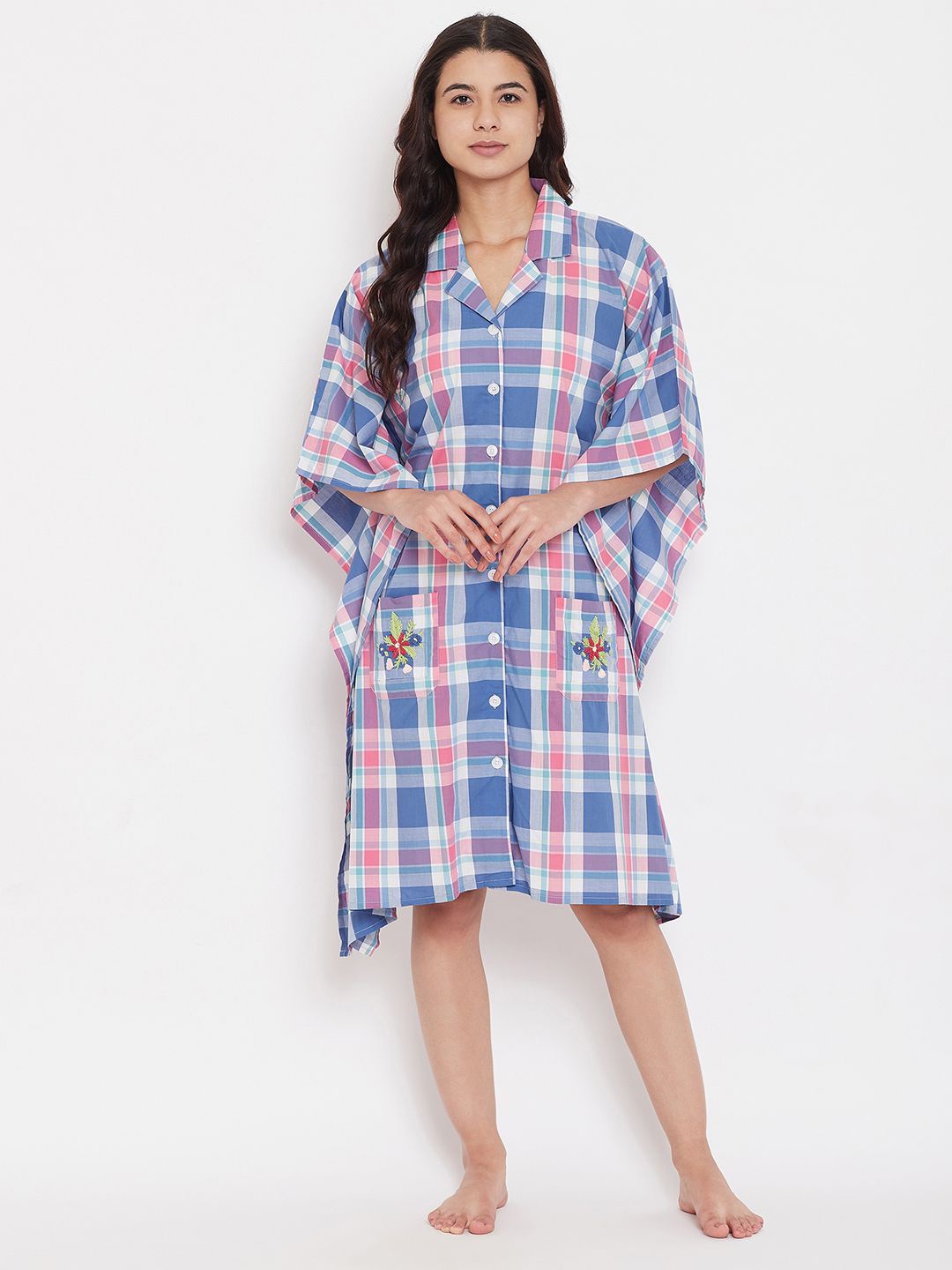 

The Kaftan Company Checked Pure Cotton Kaftan Nightdress, Blue