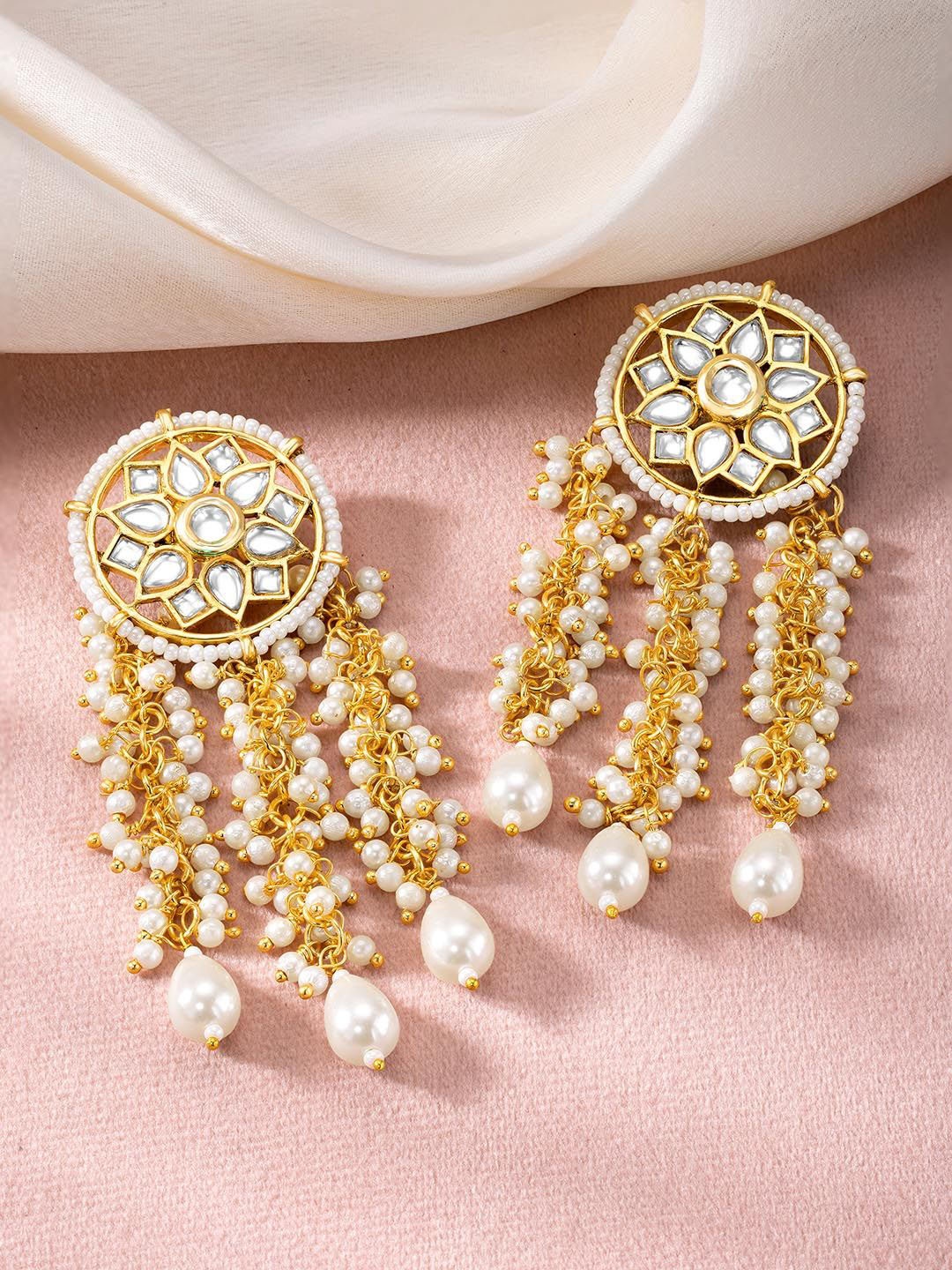 

Peora Gold-Plated Kundan Studded & Beaded Drop Earrings