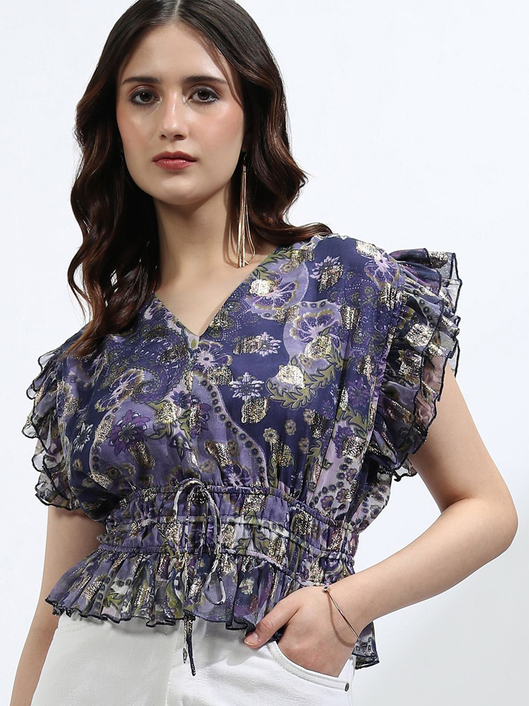 

Vishudh Women Floral Printed V-Neck Top, Purple