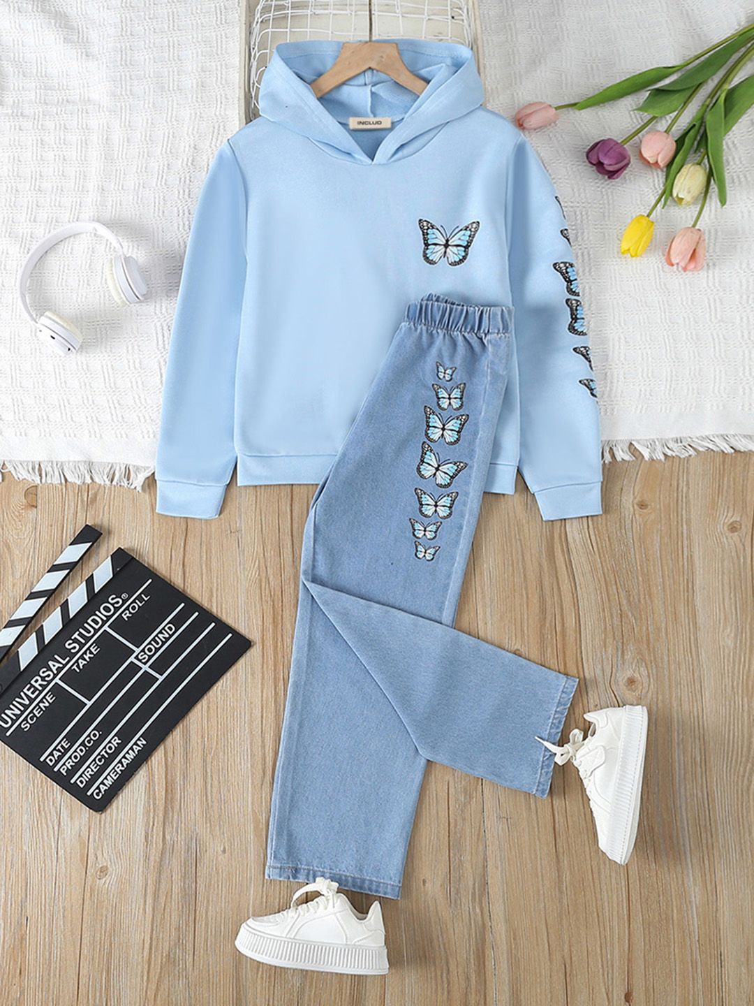 

INCLUD Girls Printed Hooded Sweatshirt With Trousers Set, Blue