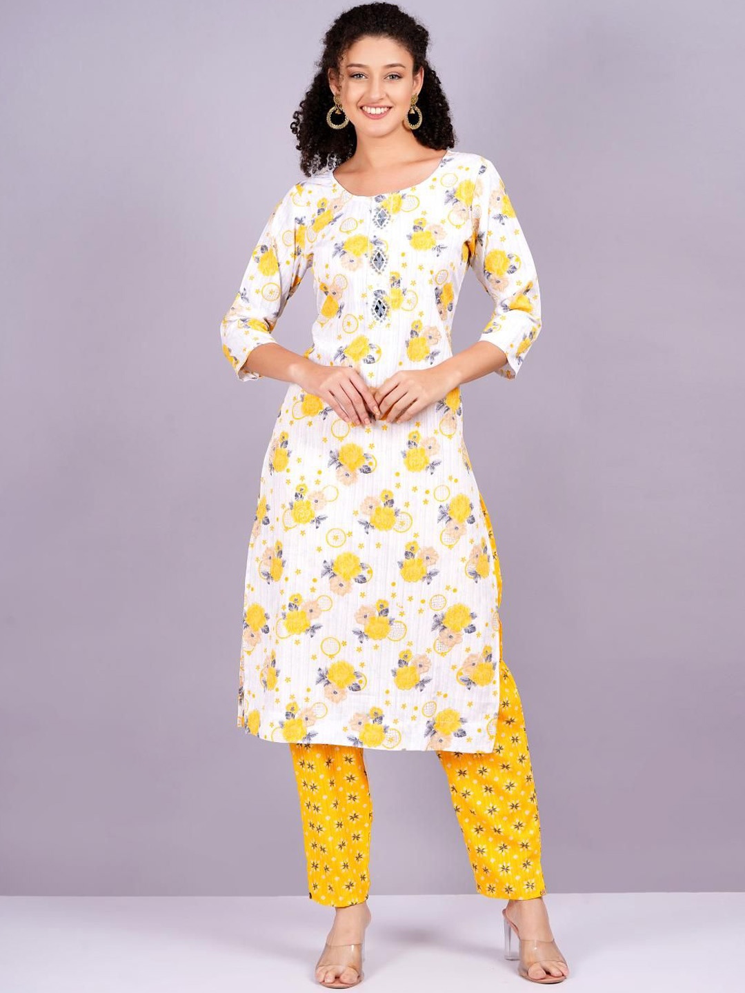 

JC4U Women Floral Printed Regular Mirror Work Kurta with Trousers, Yellow