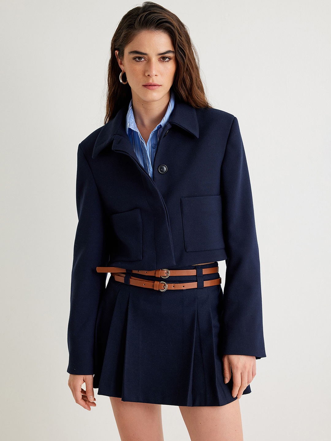 

Koton Women Crop Tailored Jacket, Navy blue