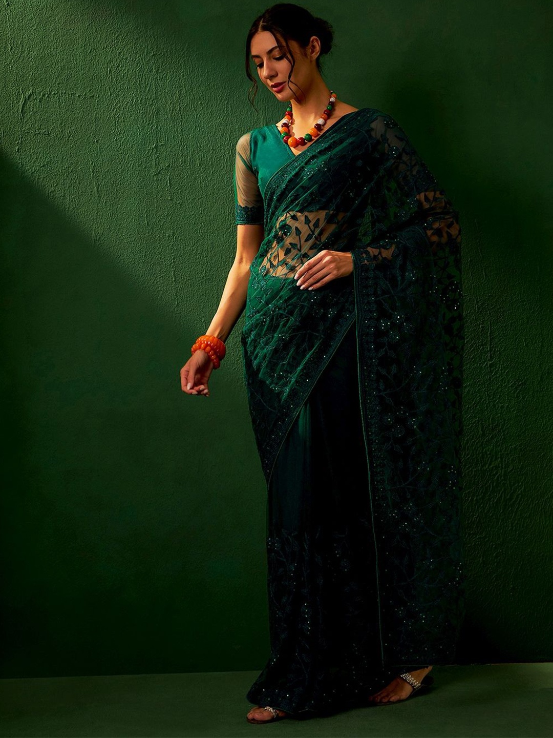

Maroosh Embellished Beads and Stones Net Saree, Teal