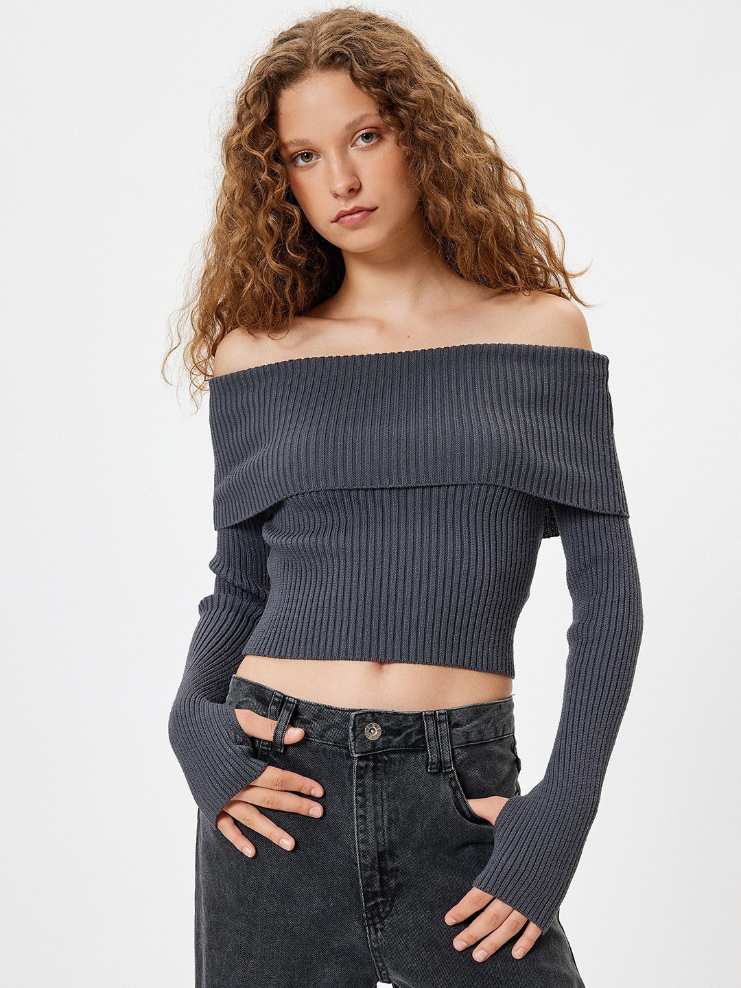 

Koton Women Striped Crop Pullover, Grey