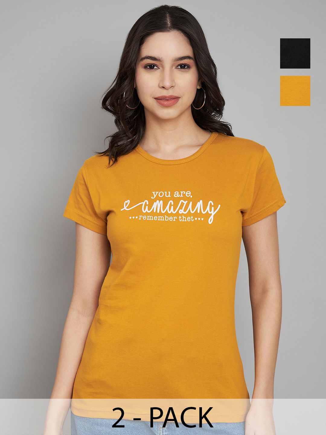 

Trend Level Women Pack Of 2 Typography Printed Round Neck Cotton T-shirts, Mustard