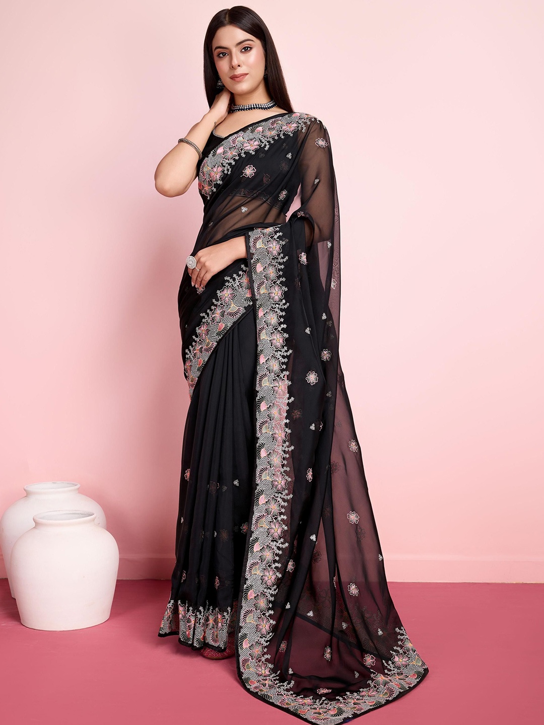 

VAIRAGEE Ethnic Motifs Embroidered Ready to Wear Saree, Black