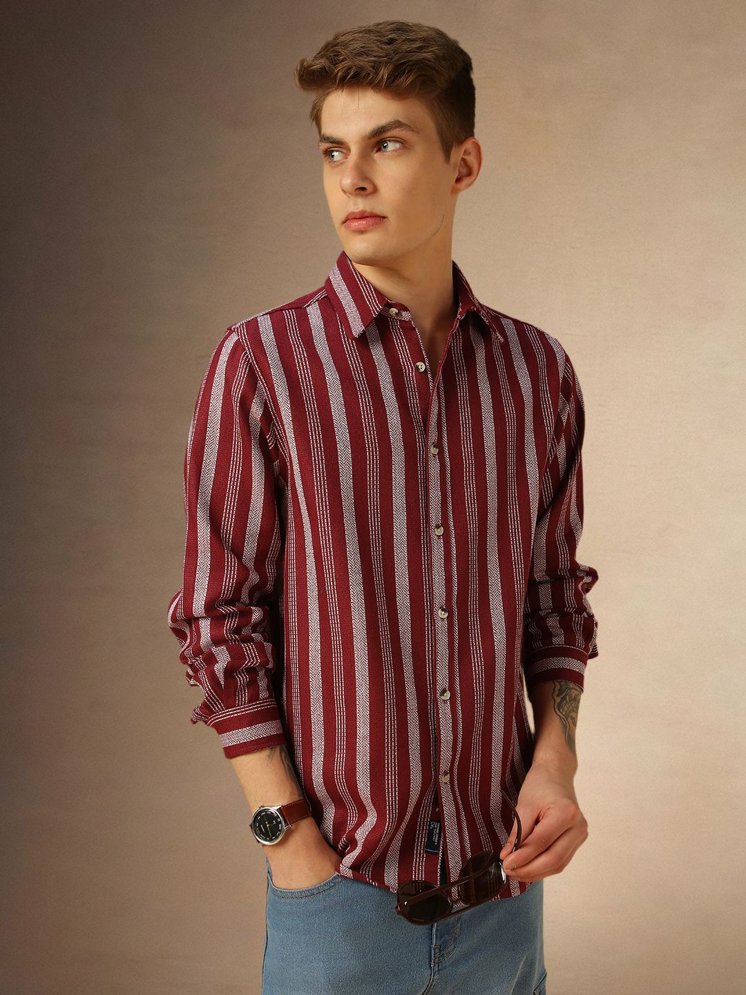 

Dennis Lingo Men Comfort Spread Collar Vertical Striped Casual Shirt, Maroon