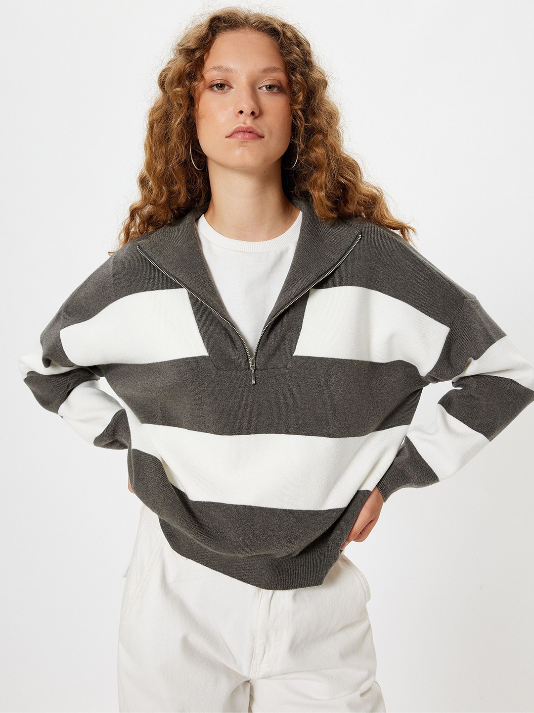 

Koton Women Striped Mock Collar Pullover Sweater, White