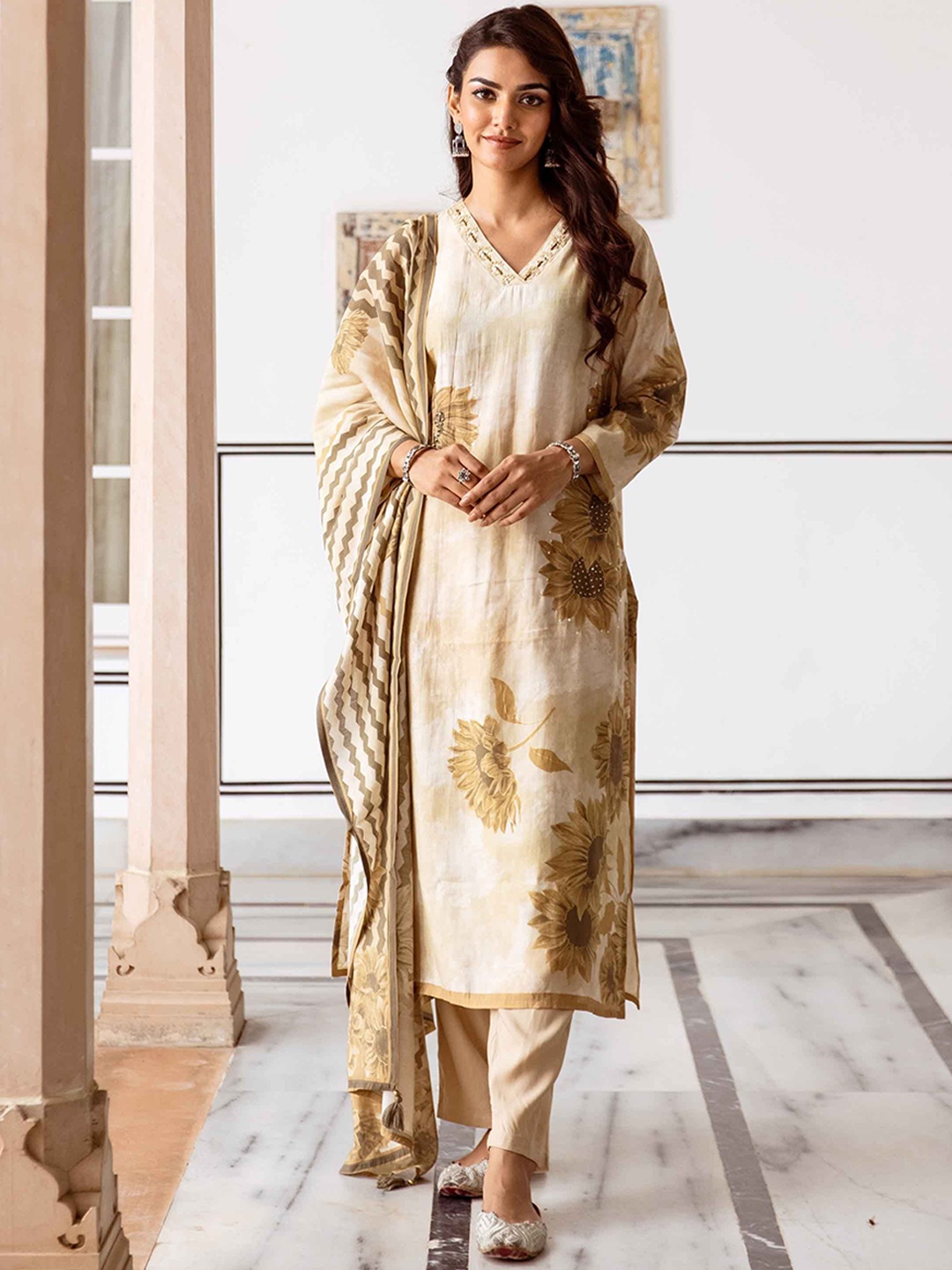 

KALINI Women Floral Printed Regular Sequinned Kurta with Trousers & With Dupatta, Beige