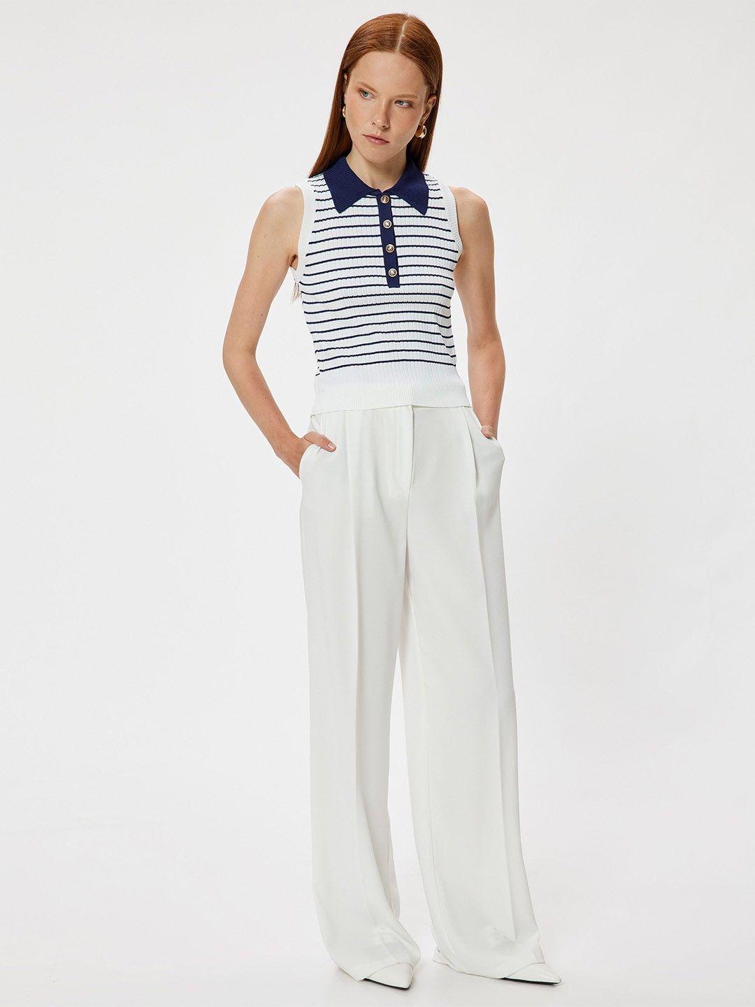 

Koton Women Horizontal Striped Shirt Collar Top, White