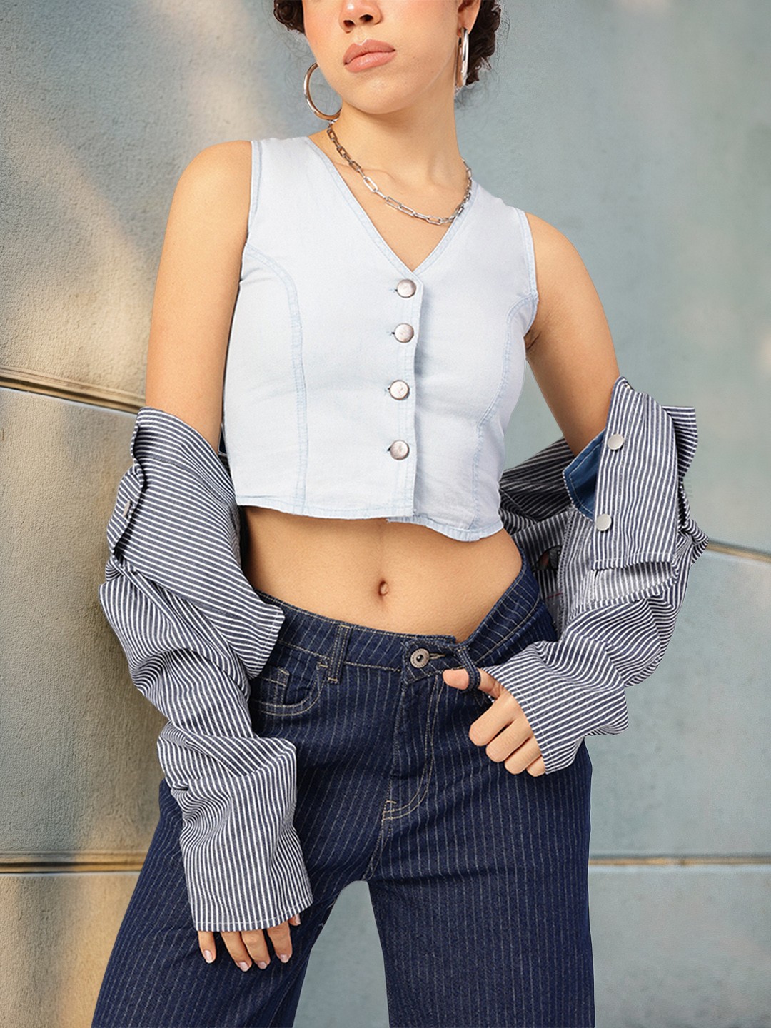

Kook N Keech Elevated Essence V-Neck Chambray Crop Top, Blue