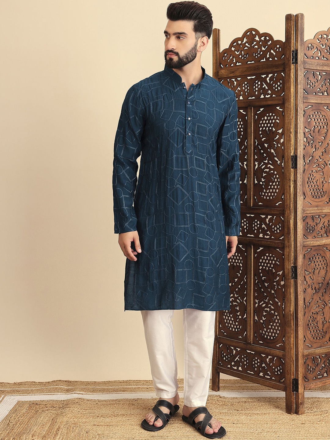 

House of Pataudi Printed Straight Kurtas, Teal