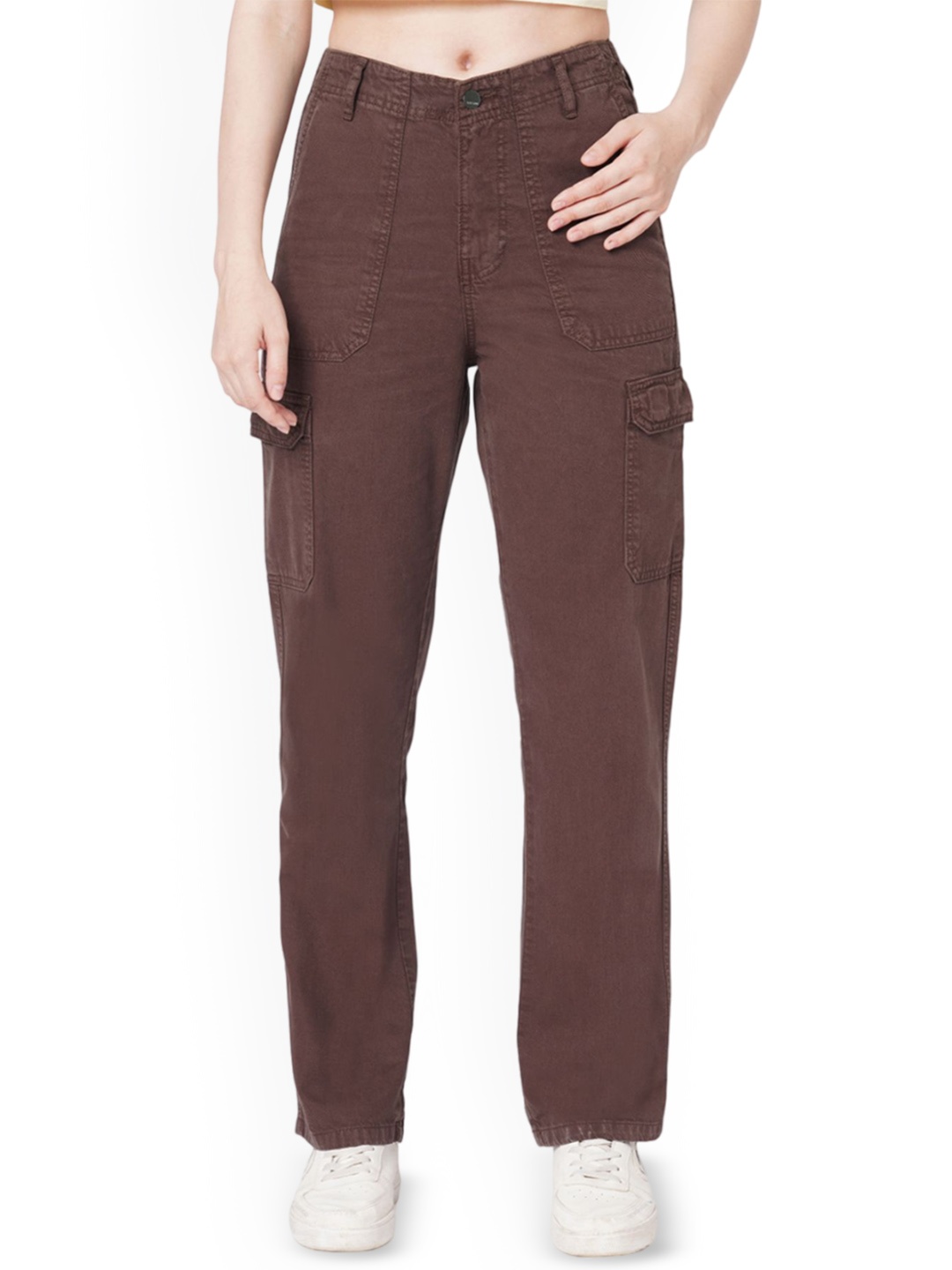 

Kraus Jeans Women Relaxed Loose Fit High-Rise Cotton Cargos Trouser, Brown