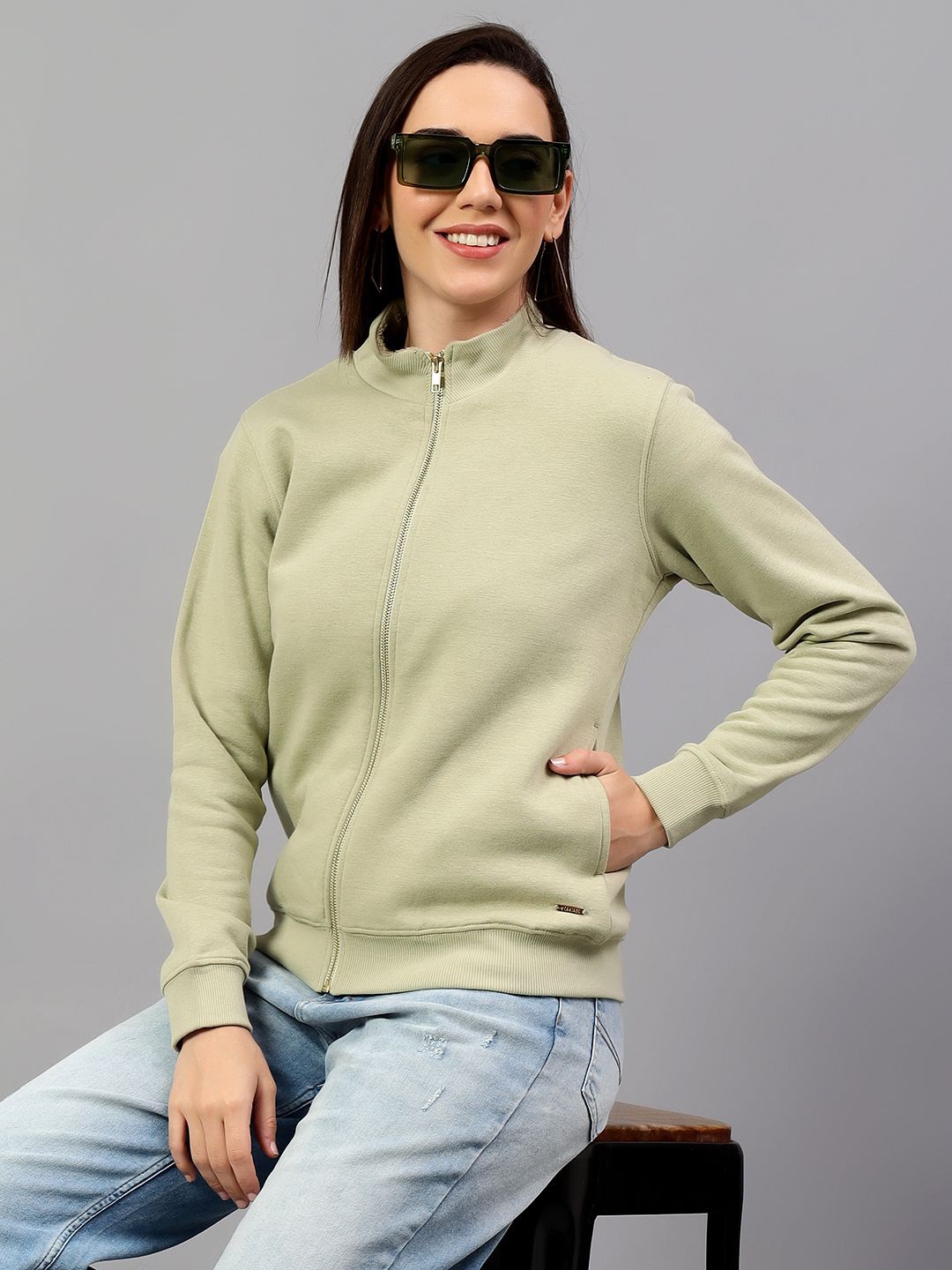 

Cantabil Women Solid Mock Collar Fleece Front-Open Ribbed Sweatshirt, Green