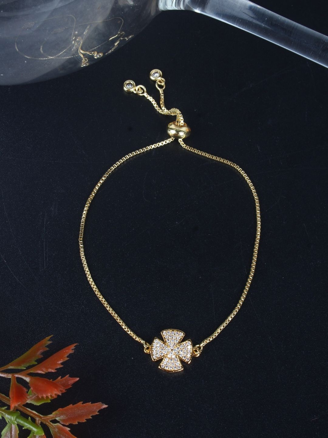 

KPOP Women Gold-Plated Cubic Zirconia Studded Charm Bracelet