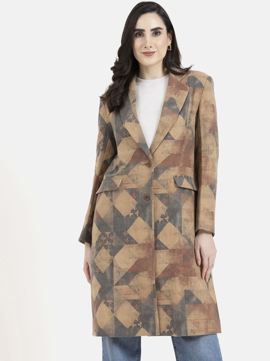 

Owncraft Women Printed Double Breasted Wool Trench Coat, Camel brown
