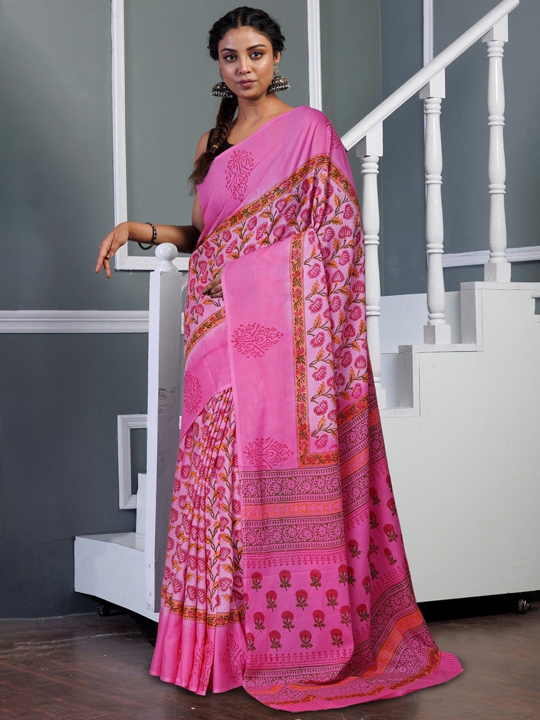 

Unnati Silks Ethnic Motifs Pure Cotton Handloom Block Print Saree, Pink