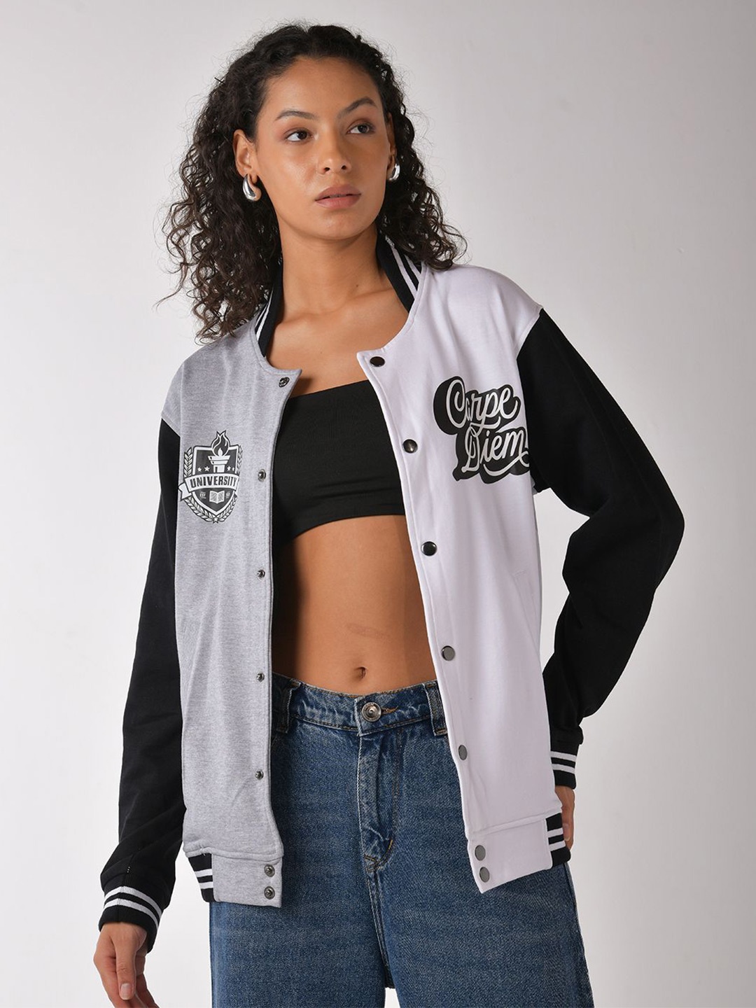 

IZF Women Colour blocked varsity jacket, Black