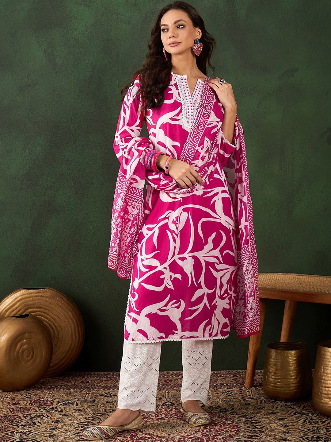 

Vastramyaa Women Printed Thread Work Pure Cotton Kurta with Trousers With Dupatta, Magenta