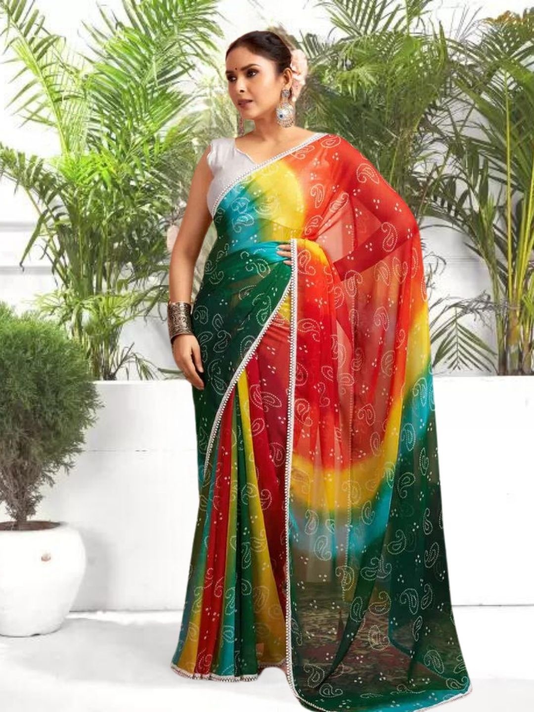 

MAGMINA Bandhani Printed Patchwork Pure Georgette Banarasi Saree, Green