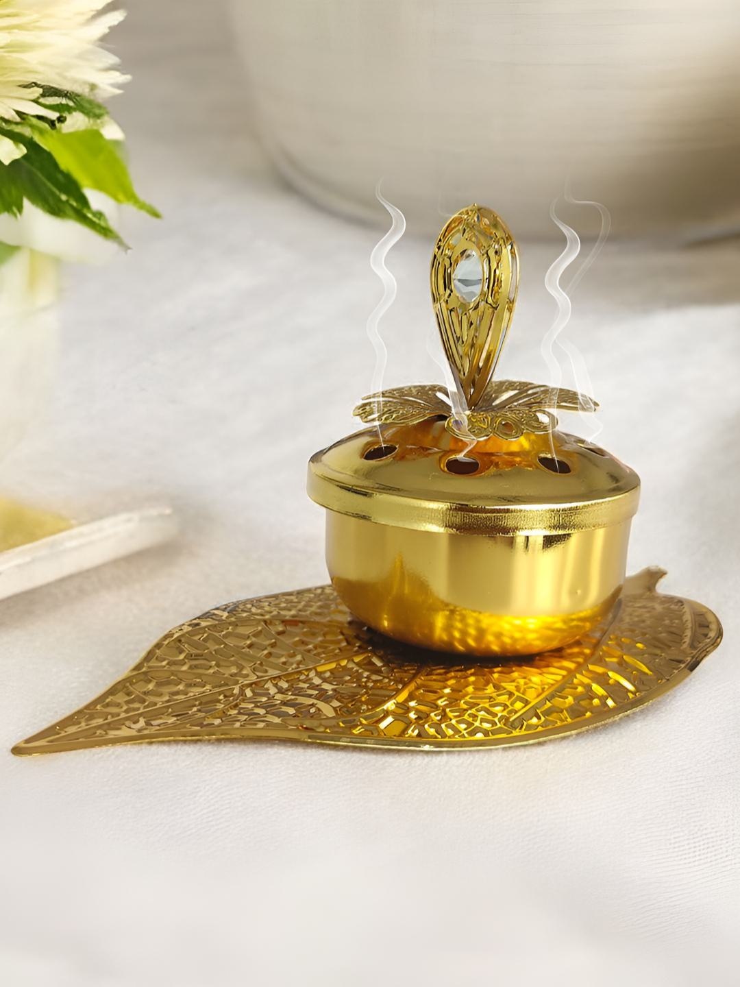

Art Street Diwali Tealight Holder Incense Burner for Loban with Golden Leaf Tray, Gold