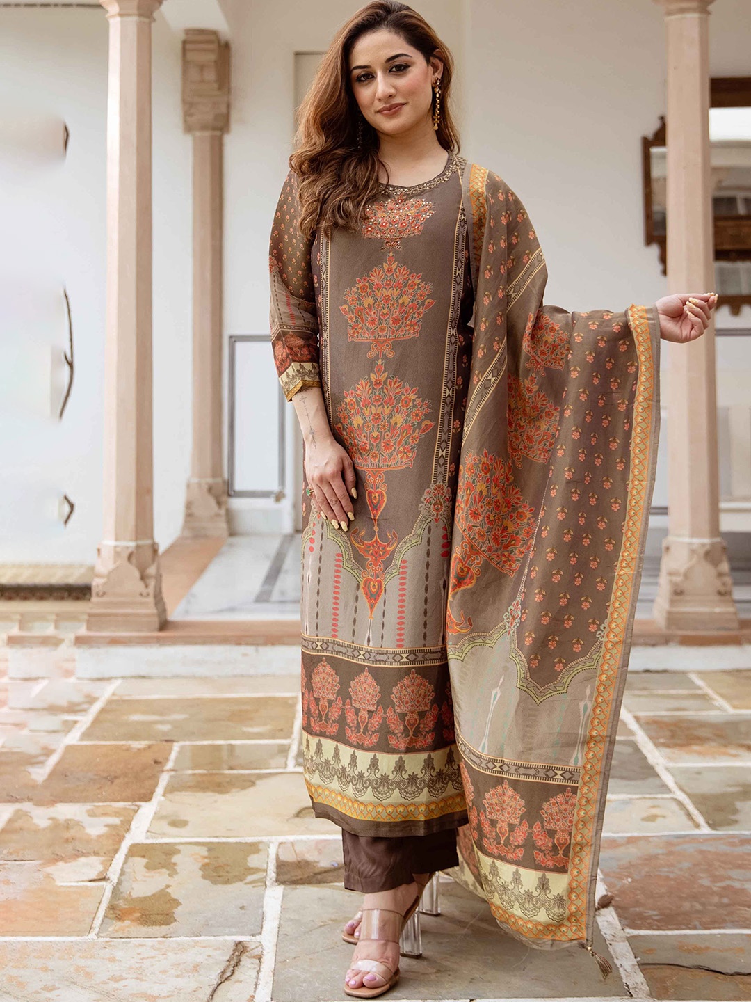 

KALINI Women Floral Printed Regular Beads and Stones Kurta with Trousers & With Dupatta, Coffee brown