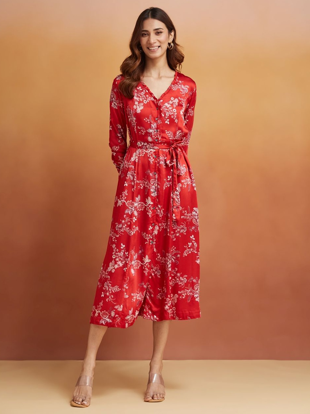 

Fabindia Women Floral Printed V-neck Cuffed Sleeves Wrap Midi Dress, Red