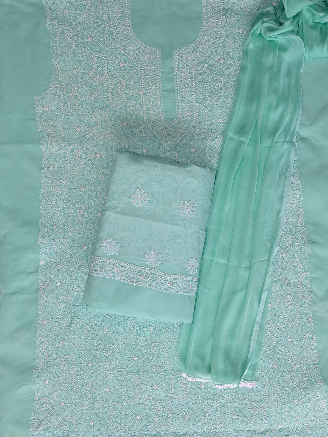 

Seva Chikan Embroidered Unstitched Dress Material, Sea green