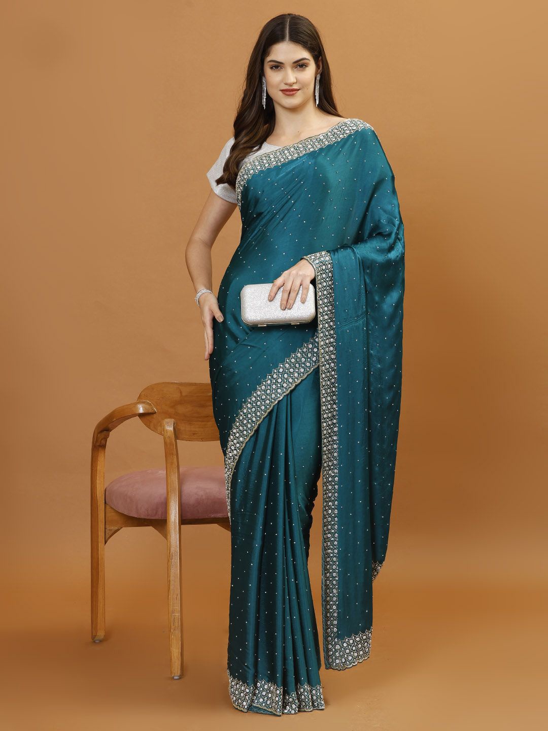

Meena Bazaar Embellished Beads and Stones Heavy Work Saree, Teal
