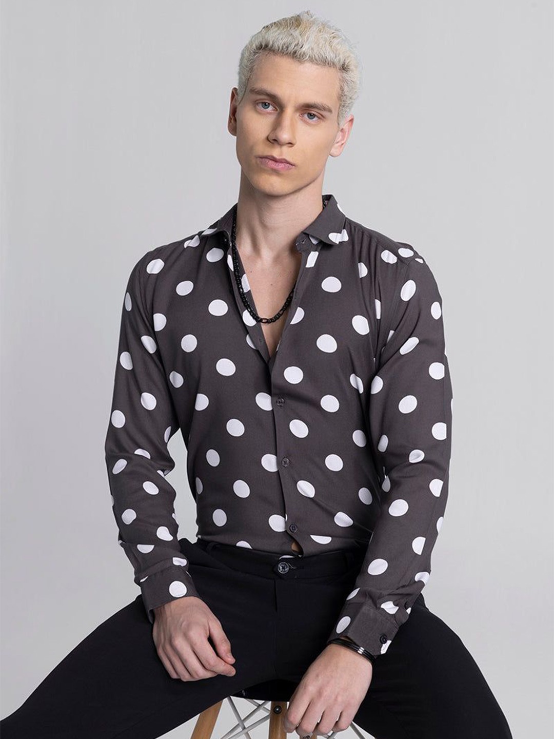 

Snitch Men New Spread Collar Polka Dots Printed Casual Shirt, Charcoal