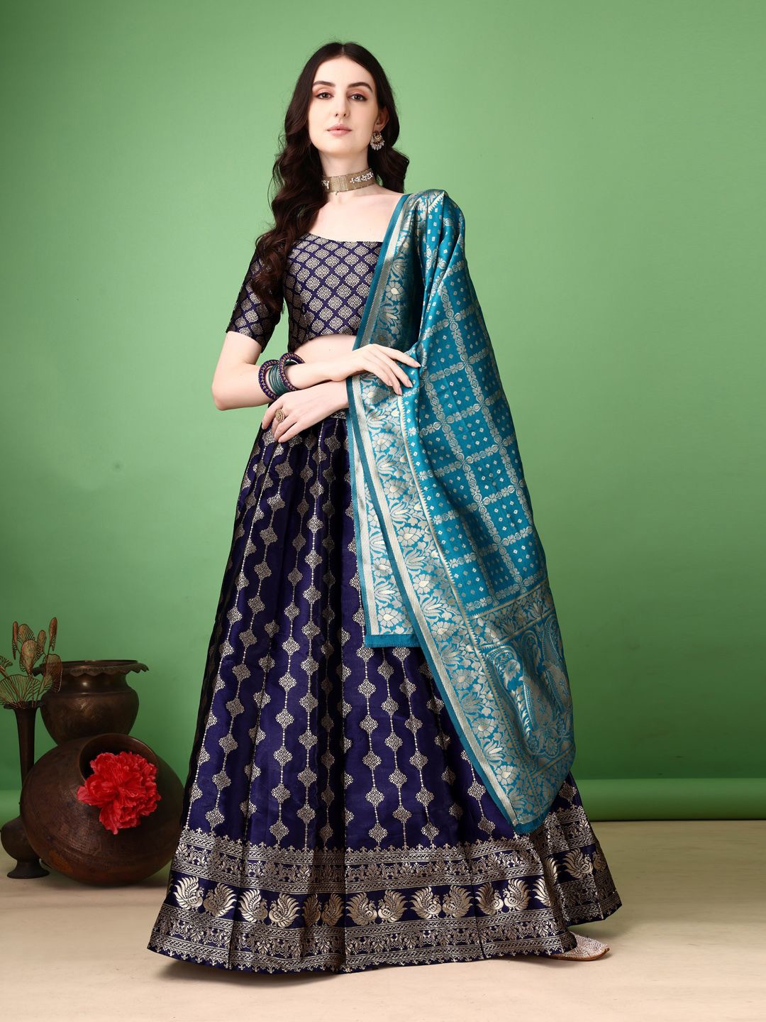 

SWAMI STUDIO Ready to Wear Lehenga & Unstitched Blouse With Dupatta, Blue