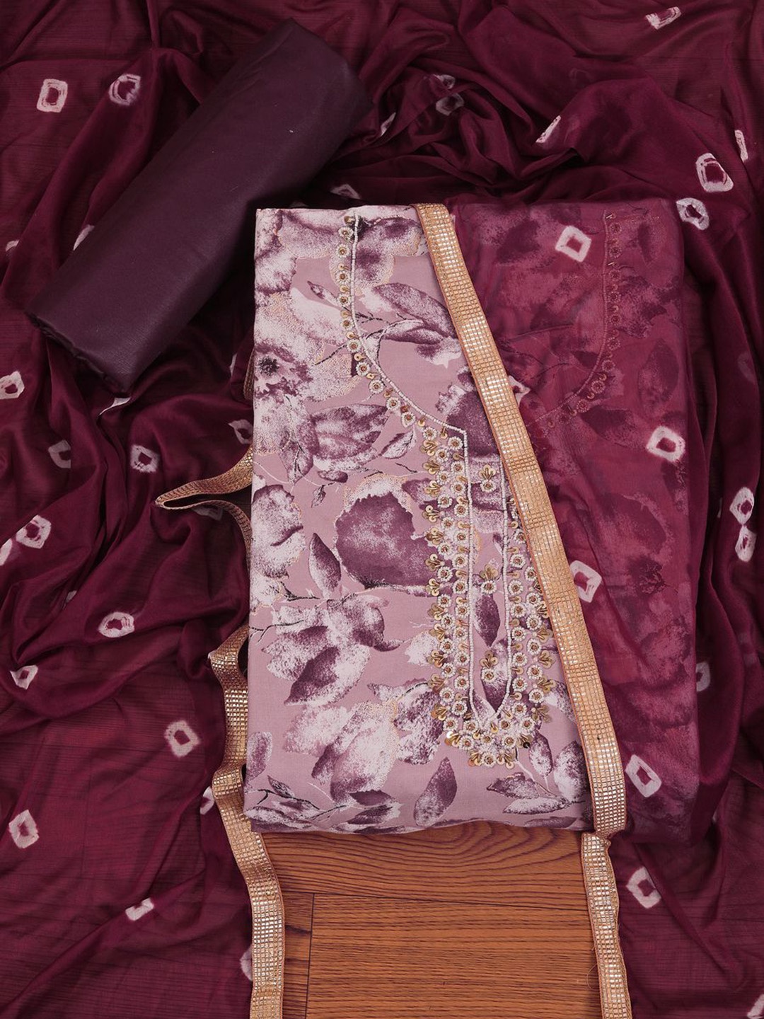 

Jaipur Kurti Cotton Blend Embellished Dress Material with Bandhani Dupatta, Purple